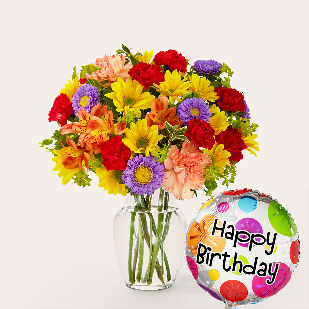 Kaleidoscope Bouquet with Birthday Balloon – A Miracle Florist, Oxnard CA