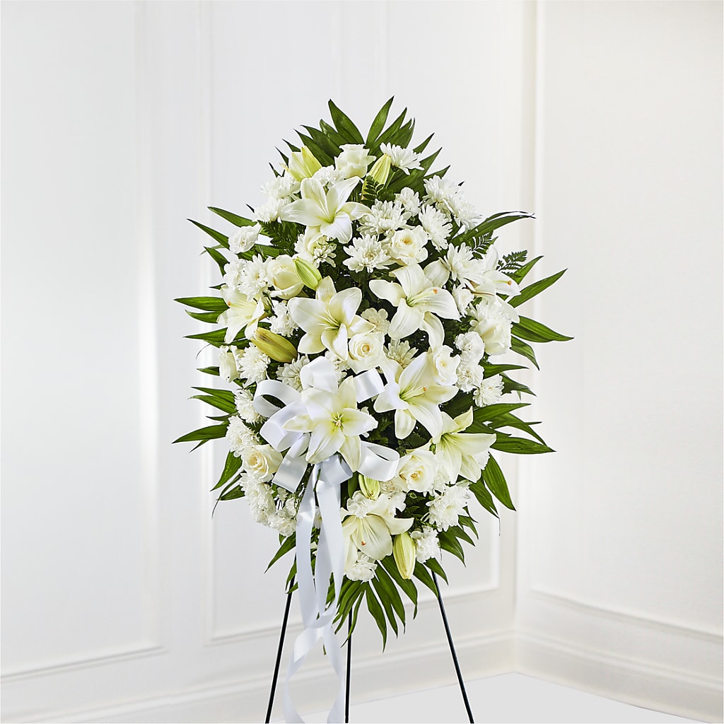 Exquisite Tribute Standing Spray-White Ribbon – A Miracle Florist, Oxnard CA