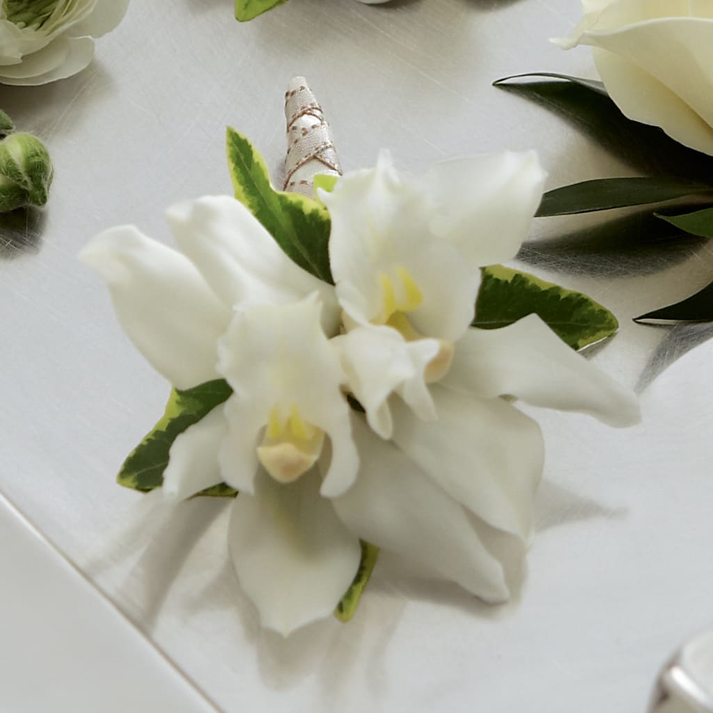 White Mini Cymbidium Boutonniere – A Miracle Florist, Oxnard CA